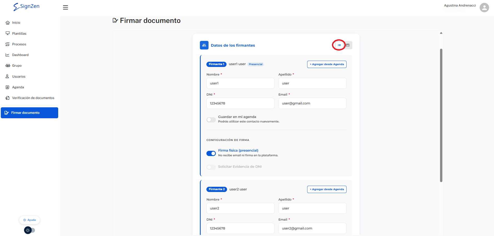 Datos de los firmantes - vista completa